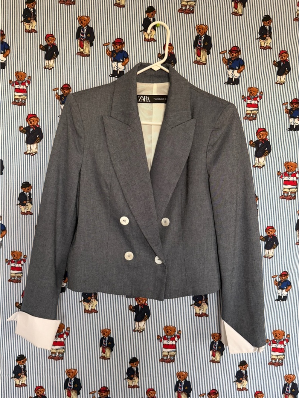 ZARA Gray Double-Breasted Cropped Blazer with White Cuff Detail